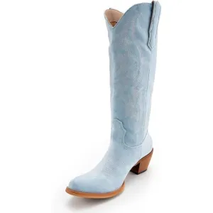 KaroNairy Cowboy Boots Women Blue Suede Embroidered Pointed Thick Mid Calf Boots