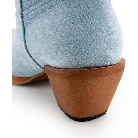 KaroNairy Cowboy Boots Women Blue Suede Embroidered Pointed Thick Mid Calf Boots