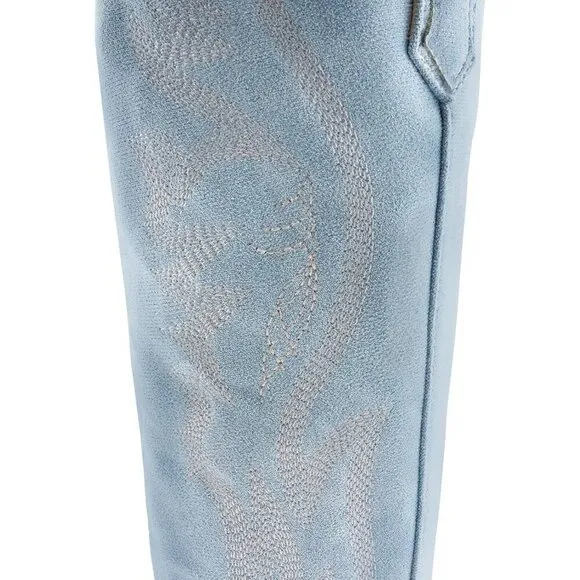 KaroNairy Cowboy Boots Women Blue Suede Embroidered Pointed Thick Mid Calf Boots