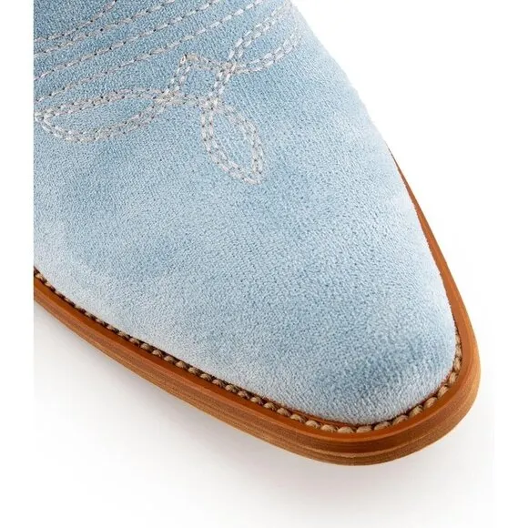 KaroNairy Cowboy Boots Women Blue Suede Embroidered Pointed Thick Mid Calf Boots