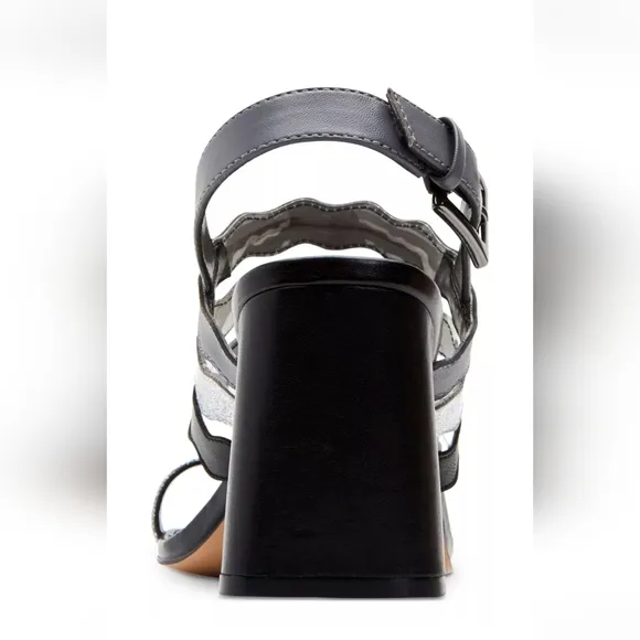 KATY PERRY Womens Silver Toe Loop Sense Square Toe Flare Leather Sandals 10