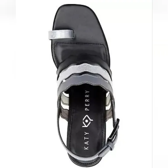 KATY PERRY Womens Silver Toe Loop Sense Square Toe Flare Leather Sandals 10