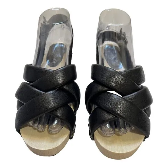 Kelsi Dagger Wood &amp; Black Leather Sandals Sz 5.5 Brooklyn Grove Model