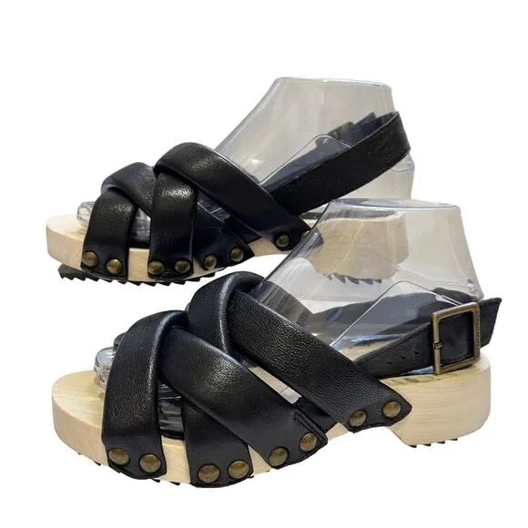 Kelsi Dagger Wood &amp; Black Leather Sandals Sz 5.5 Brooklyn Grove Model