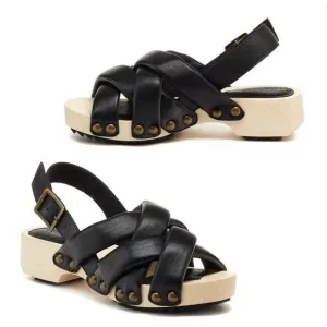 Kelsi Dagger Wood &amp; Black Leather Sandals Sz 5.5 Brooklyn Grove Model