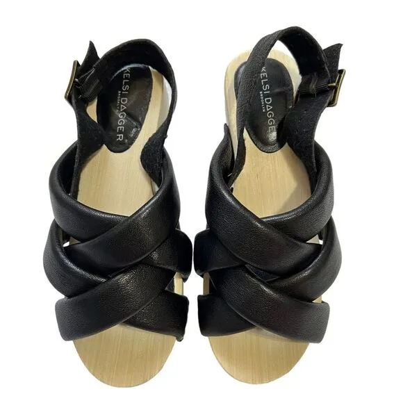 Kelsi Dagger Wood &amp; Black Leather Sandals Sz 5.5 Brooklyn Grove Model