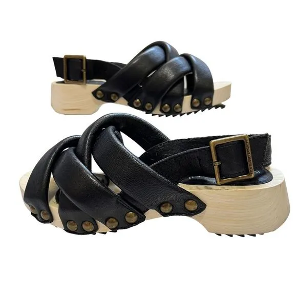 Kelsi Dagger Wood &amp; Black Leather Sandals Sz 5.5 Brooklyn Grove Model
