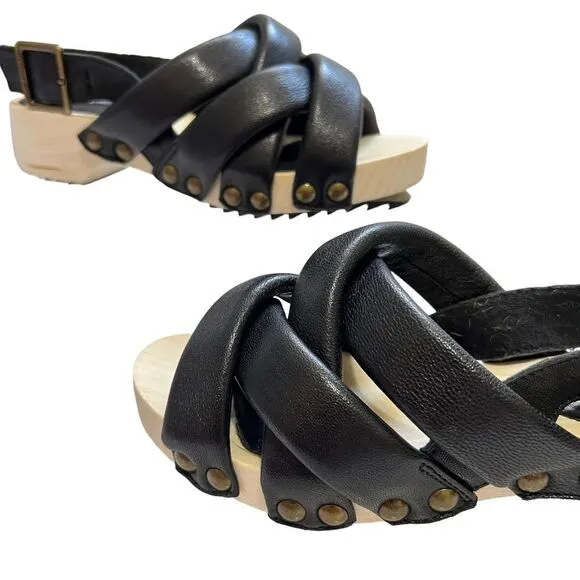 Kelsi Dagger Wood &amp; Black Leather Sandals Sz 5.5 Brooklyn Grove Model