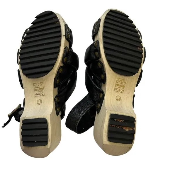 Kelsi Dagger Wood &amp; Black Leather Sandals Sz 5.5 Brooklyn Grove Model