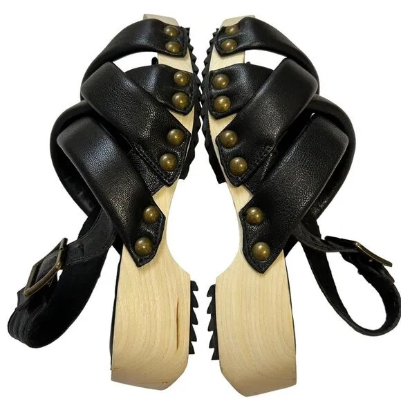 Kelsi Dagger Wood &amp; Black Leather Sandals Sz 5.5 Brooklyn Grove Model