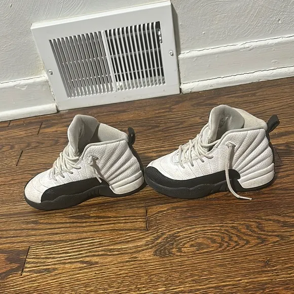 Kids White and Black Jordan 12 Shoes
