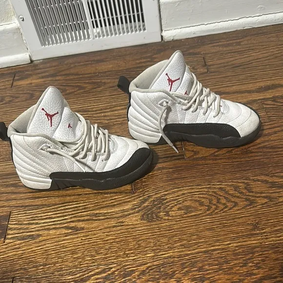 Kids White and Black Jordan 12 Shoes