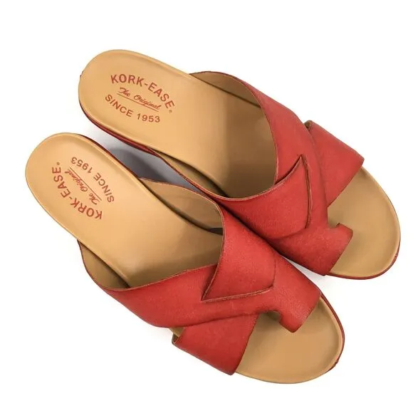 Kork-Ease Baja Sport Sandals Size 10 Red Leather Toe Loop Wedge Crisscross Upper