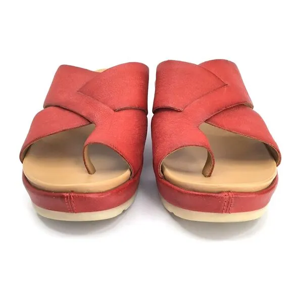 Kork-Ease Baja Sport Sandals Size 10 Red Leather Toe Loop Wedge Crisscross Upper