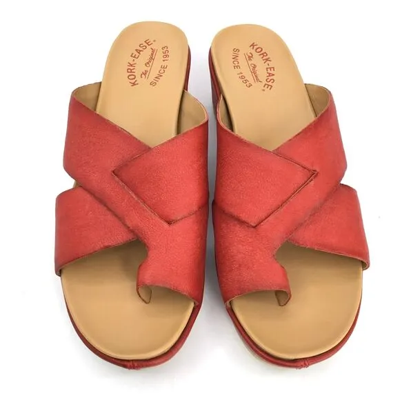 Kork-Ease Baja Sport Sandals Size 10 Red Leather Toe Loop Wedge Crisscross Upper