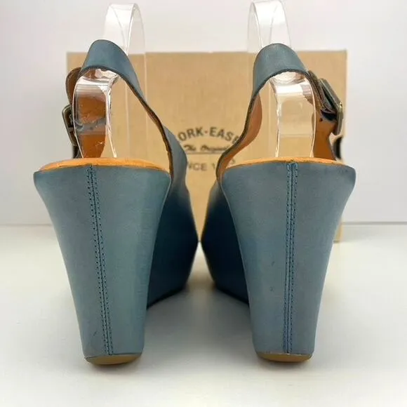 KORK EASE Sarah Peep Toe Sling Back Wedge Shoe Womens (9) Blue Comfort Leather