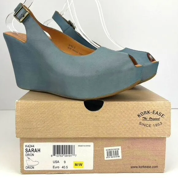 KORK EASE Sarah Peep Toe Sling Back Wedge Shoe Womens (9) Blue Comfort Leather