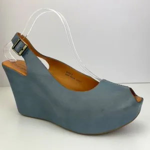KORK EASE Sarah Peep Toe Sling Back Wedge Shoe Womens (9) Blue Comfort Leather