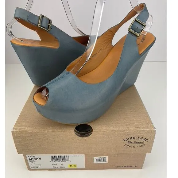 KORK EASE Sarah Peep Toe Sling Back Wedge Shoe Womens (9) Blue Comfort Leather