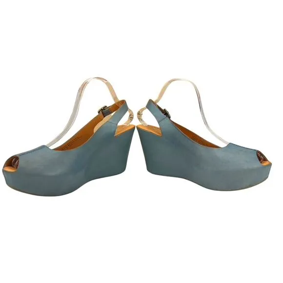 KORK EASE Sarah Peep Toe Sling Back Wedge Shoe Womens (9) Blue Comfort Leather