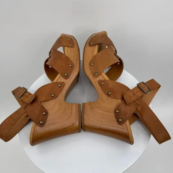 Korks Bagley sandals 11 platform wood heeled ankle strap open toe leather brown