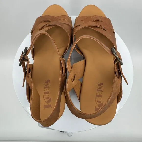 Korks Bagley sandals 11 platform wood heeled ankle strap open toe leather brown