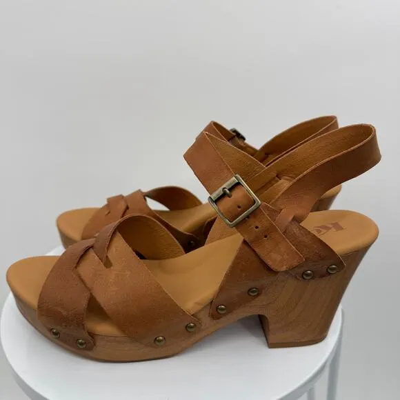 Korks Bagley sandals 11 platform wood heeled ankle strap open toe leather brown