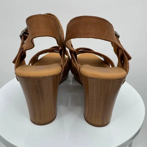 Korks Bagley sandals 11 platform wood heeled ankle strap open toe leather brown
