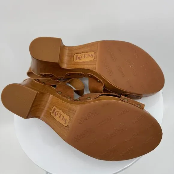 Korks Bagley sandals 11 platform wood heeled ankle strap open toe leather brown