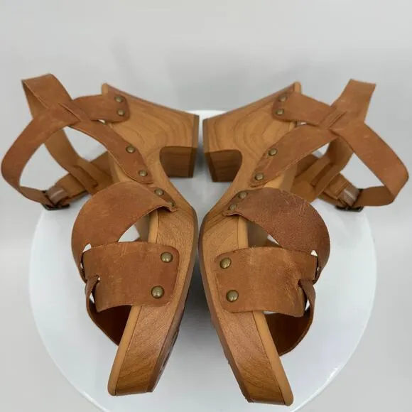 Korks Bagley sandals 11 platform wood heeled ankle strap open toe leather brown