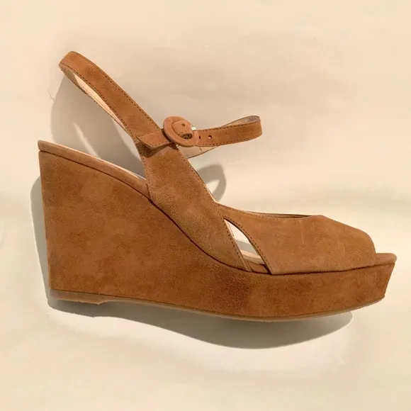L. K. Bennet Raisa Designer brown tan suede wedge platform ankle strap sandal 40