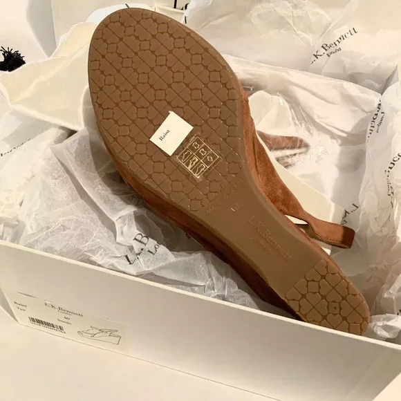 L. K. Bennet Raisa Designer brown tan suede wedge platform ankle strap sandal 40