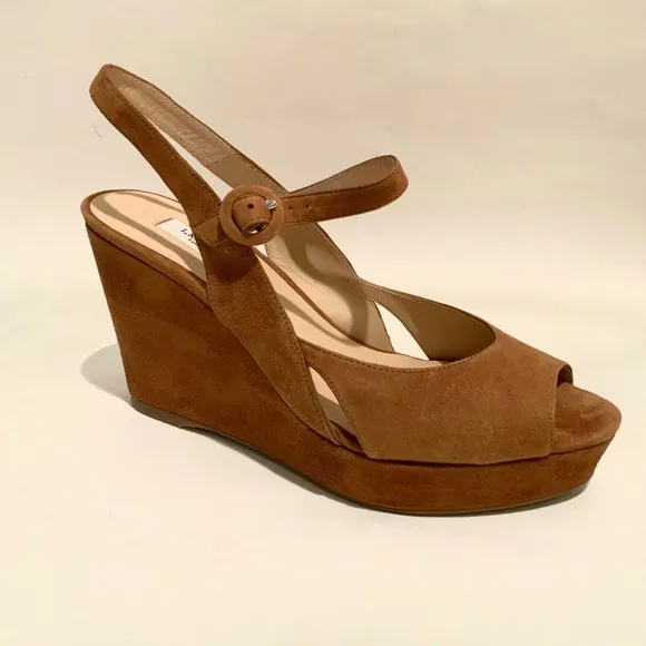 L. K. Bennet Raisa Designer brown tan suede wedge platform ankle strap sandal 40