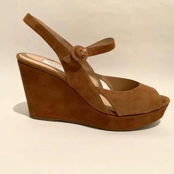 L. K. Bennet Raisa Designer brown tan suede wedge platform ankle strap sandal 40