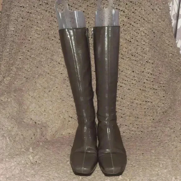 LA CANADIENNE-Gaetana-Patent Leather Gray-Green Wedge Boots-SZ 7-Excellent