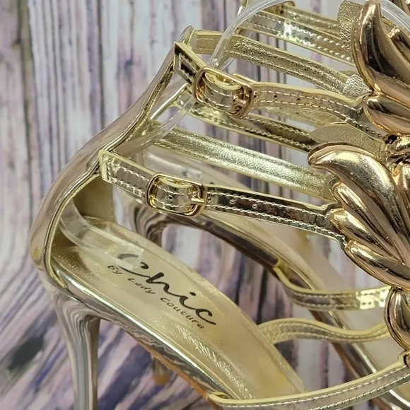 LADY Couture Joyce Gold Metal Winged T-Strap Sandal Heels