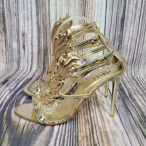 LADY Couture Joyce Gold Metal Winged T-Strap Sandal Heels
