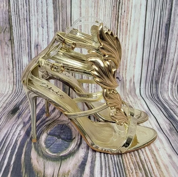 LADY Couture Joyce Gold Metal Winged T-Strap Sandal Heels