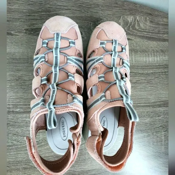 Lands End Women's Size 11B Sport Sandals Pink Suede Gray Hook &amp; Loop Closed Toe
