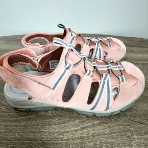 Lands End Women's Size 11B Sport Sandals Pink Suede Gray Hook &amp; Loop Closed Toe