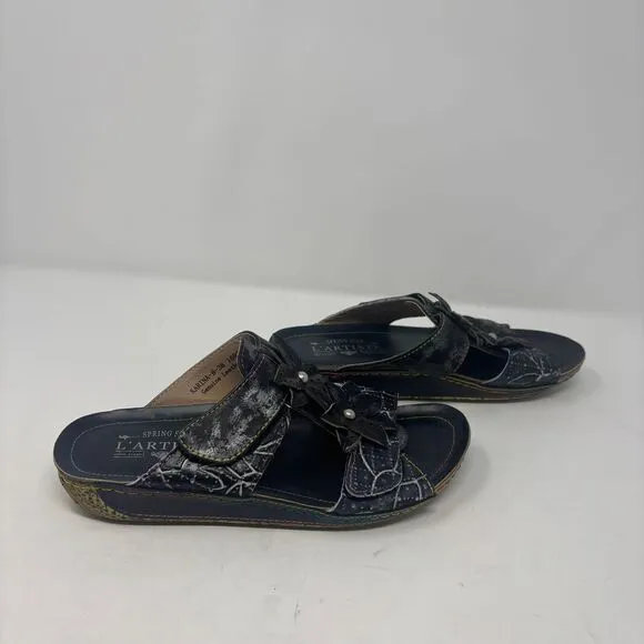 L'Artiste by Spring Step Shoes Women's 38‎ (7.5-8) Black Karina 3D Floral Sandal