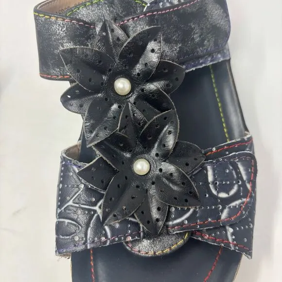 L'Artiste by Spring Step Shoes Women's 38‎ (7.5-8) Black Karina 3D Floral Sandal