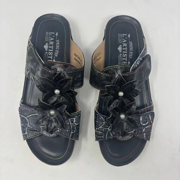 L'Artiste by Spring Step Shoes Women's 38‎ (7.5-8) Black Karina 3D Floral Sandal