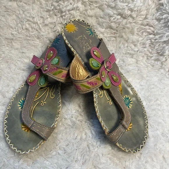 L'ARTISTE SANTORINI TOE RING MULTI COLOR SLIDE  WEDGE SANDALS EUR SZ38