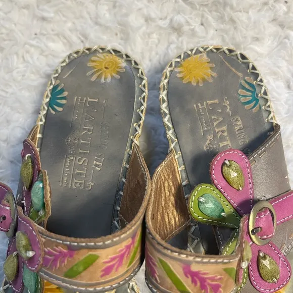 L'ARTISTE SANTORINI TOE RING MULTI COLOR SLIDE  WEDGE SANDALS EUR SZ38