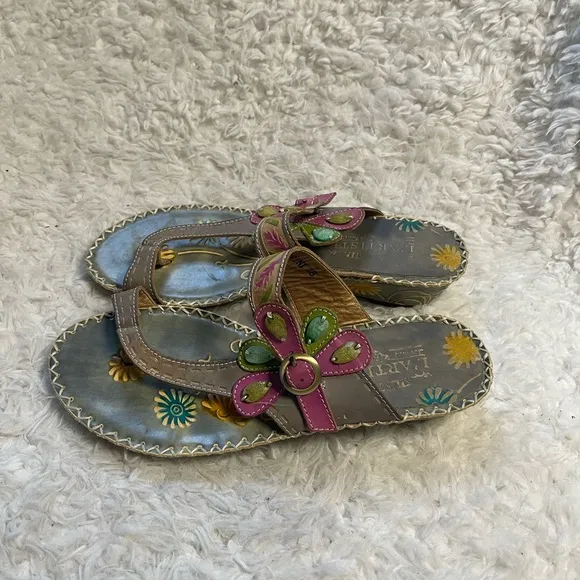 L'ARTISTE SANTORINI TOE RING MULTI COLOR SLIDE  WEDGE SANDALS EUR SZ38