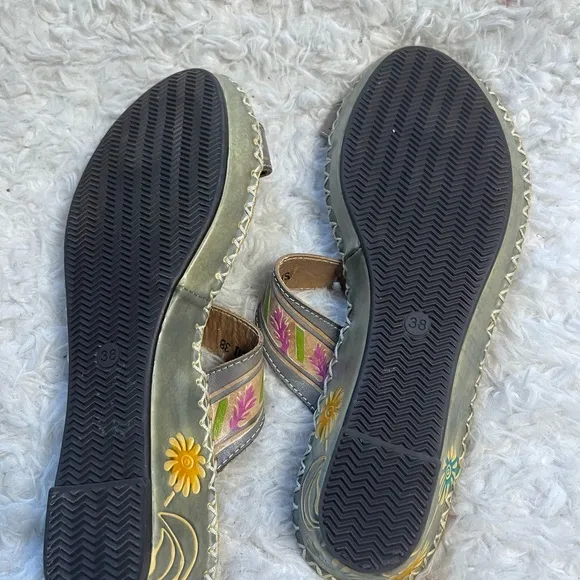 L'ARTISTE SANTORINI TOE RING MULTI COLOR SLIDE  WEDGE SANDALS EUR SZ38