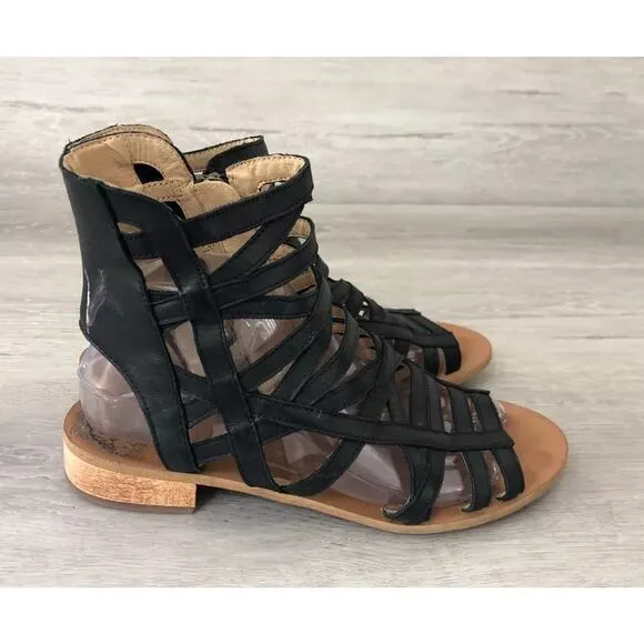 Latigo Ramen Womens Sandal 8.5 Black Leather Slip On Ankle Strap Caged Gladiator