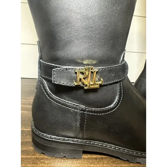 Lauren Ralph Lauren Everly Riding Boot Black Leather Knee High Women's 6.5B NEW