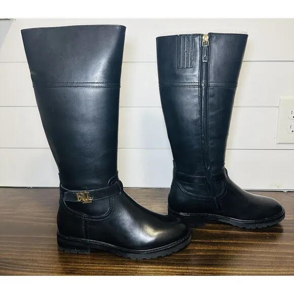 Lauren Ralph Lauren Everly Riding Boot Black Leather Knee High Women's 6.5B NEW